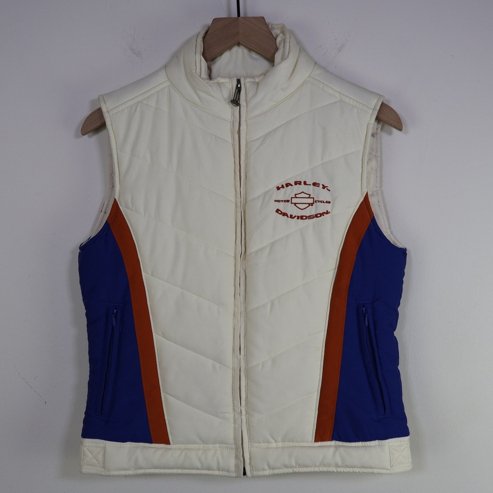 Vintage Harley Davidson Embroidered Colorblock Puffer Vest S Biker Moto White